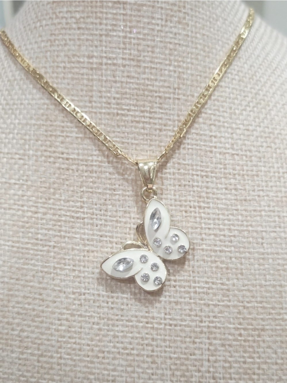 Classic Gold Butterfly Pendant Necklace with White Enamel